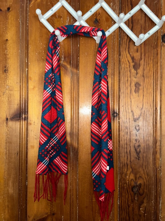 Accessories - Red and Navy Geometric Fringe Scarf